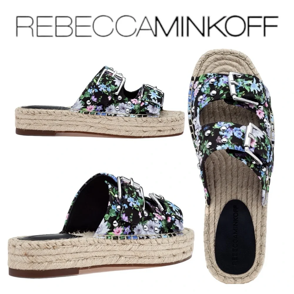 Rebecca Minkoff Jodi Espadrille Sandal Black‎ Flower Print Size NEW with Box